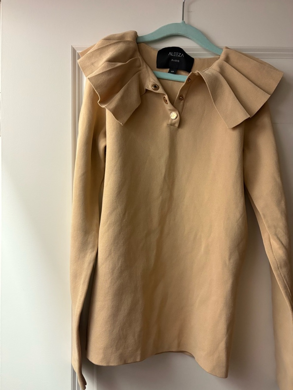 Womens Aliza Paris Ruffle Collar Beige Top XS